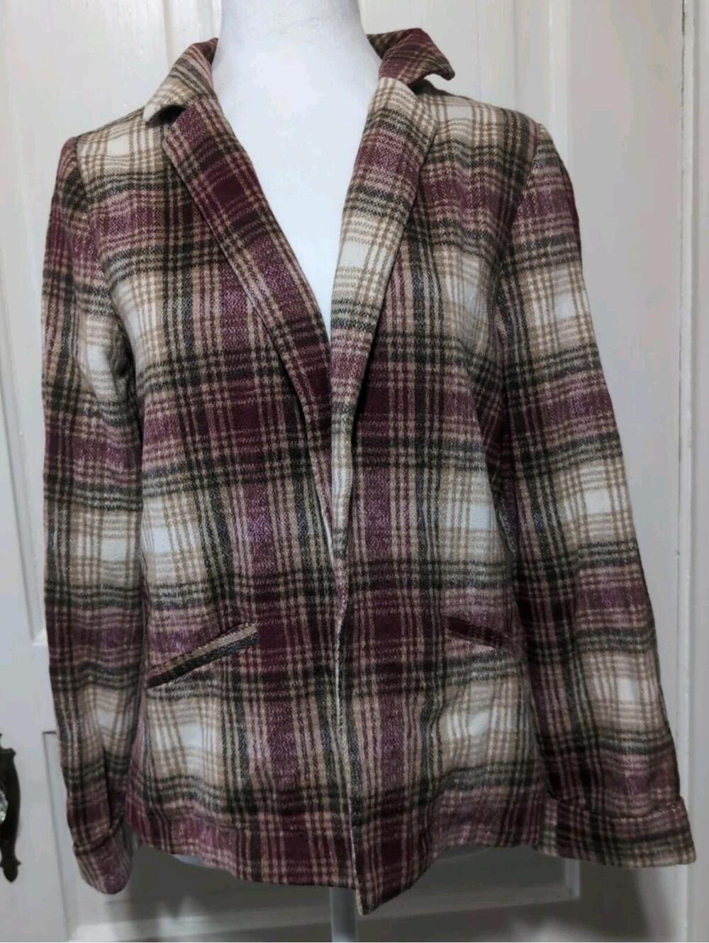Active Usa Plaid Wool Blend Blazer Layering Soft Work Women's S(1318)
